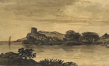 Alexander Cozens comparable auction result: alexander cozens russia 1717 1786 london a coastal landscape with a tower a sail on the horizon pencil and brown ink and wash on tinted paper 3 7 8 x 6 in 9 9 x 15 9 cm