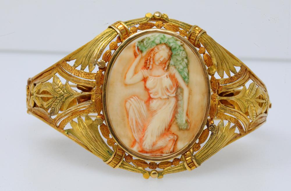 Antique Carved Tortoise Shell Cameo & Solid 18K Red, Green & Yellow Gold Bangle Bracelet W/Repousse Details (Comes with $9500 Appraisal) sold by GWS Auctions, lot 76B — auction record photograph