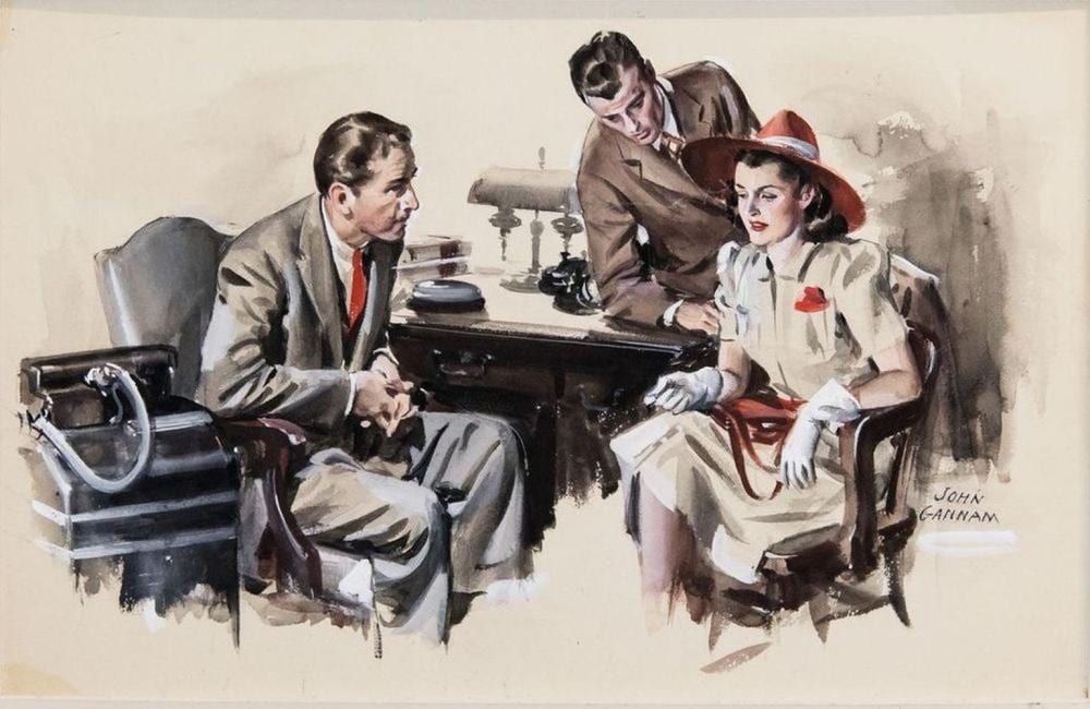 John Gannam comparable auction result: john gannam 1907 1965 talking to private detective circa 1950s gouache on board 30 5x48 cm american painter and illustrator who worked for popular magazines g