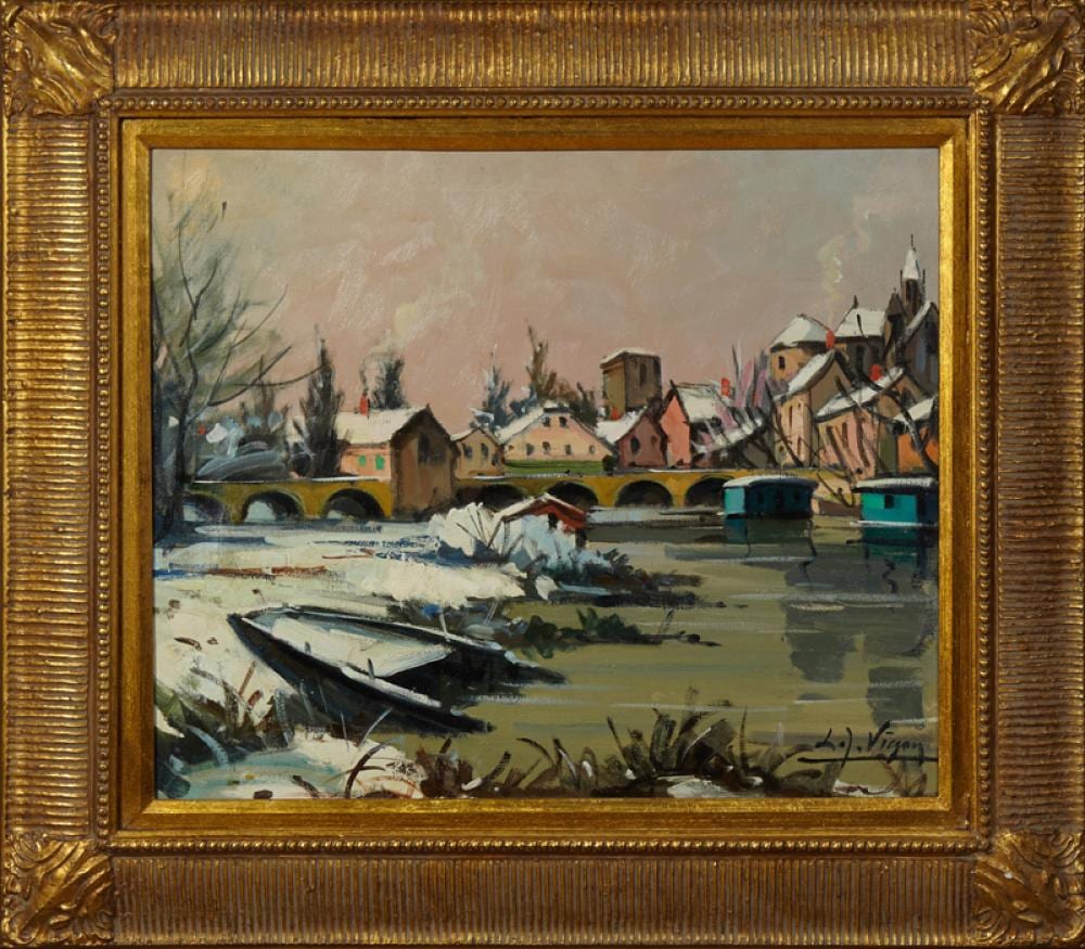 Louis Jacques Vigon comparable auction result: louis jacques vigon 1897 1985 winter view of a bridge and river 20th c oil on canvas signed lower right presented in a wid