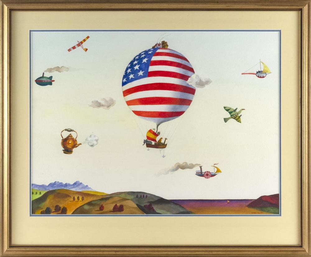 Andrzej Czeczot comparable auction result: andrzej czeczot poland 1933 2012 fantastical scene with balloons and flying teapots watercolor on paper 20 75 x 28 sight fr