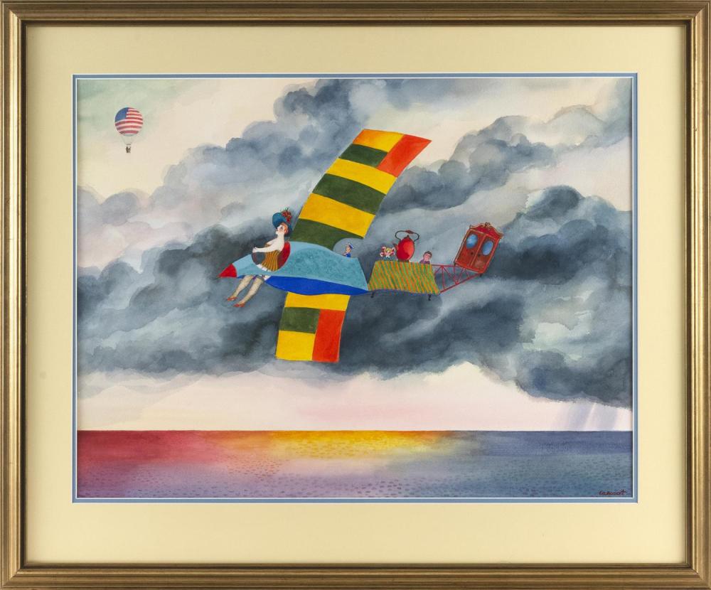 Andrzej Czeczot comparable auction result: andrzej czeczot poland 1933 2012 a flying machine at sunset watercolor on paper 20 75 x 27 5 sight framed 29 x 35