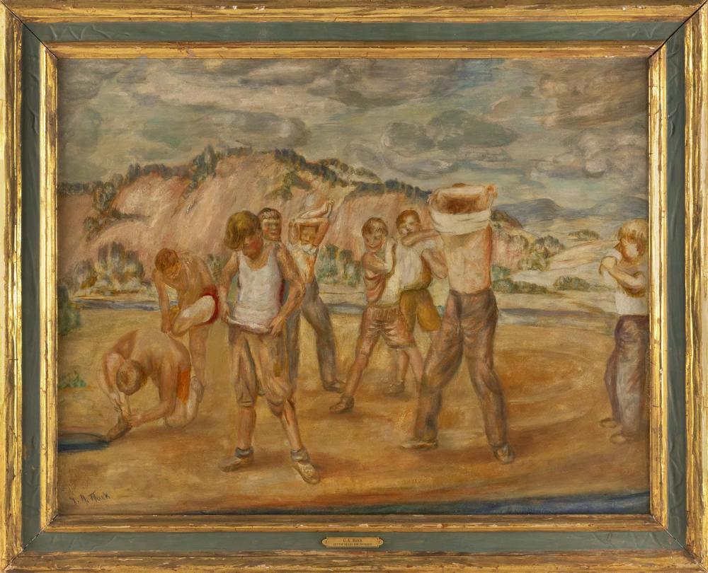 george andrew mock indiana illinois 1886 1958 boys preparing for a swim oil on canvas backed on masonite 23 x 30 framed 28 · Eldred's · 2019-08-02 George Andrew Mock comparable auction result: george andrew mock indiana illinois 1886 1958 boys preparing for a swim oil on canvas backed on masonite 23 x 30 framed 28