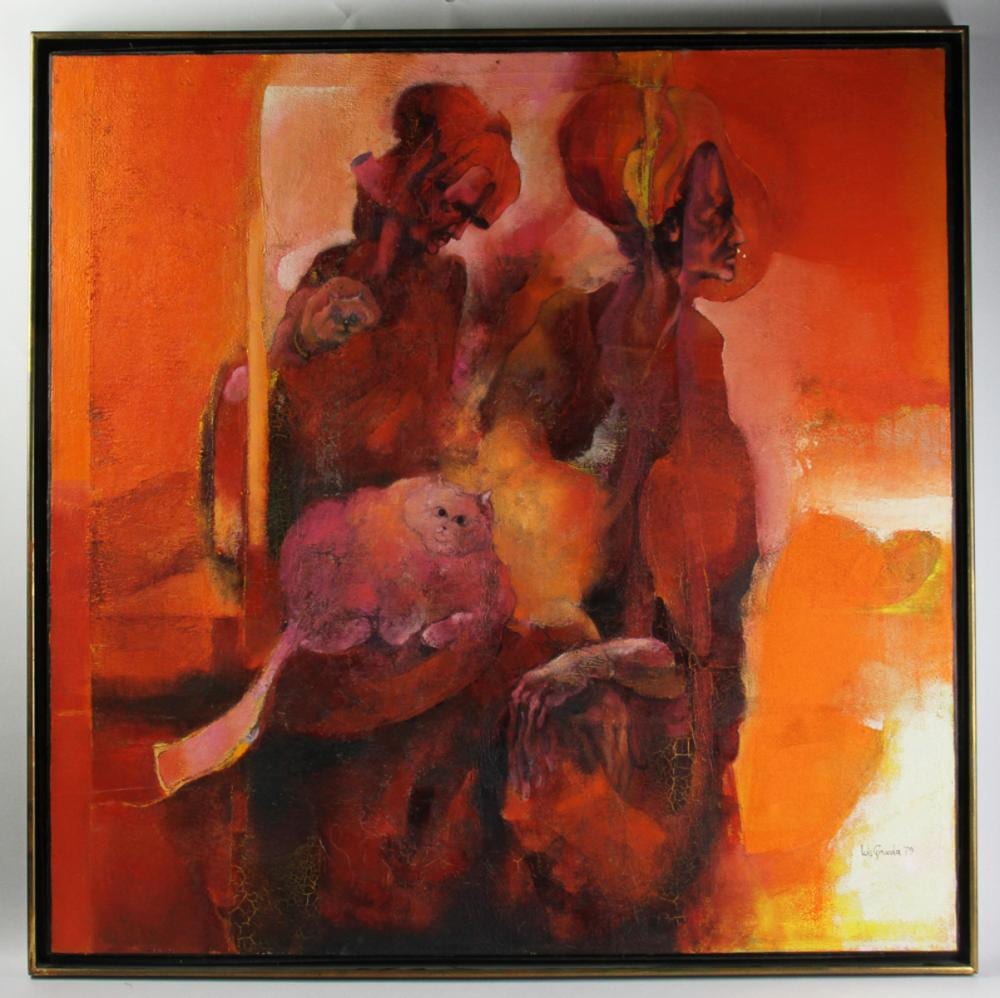 Luis Granda comparable auction result: luis granda dos personajes con gato oil on canvas
