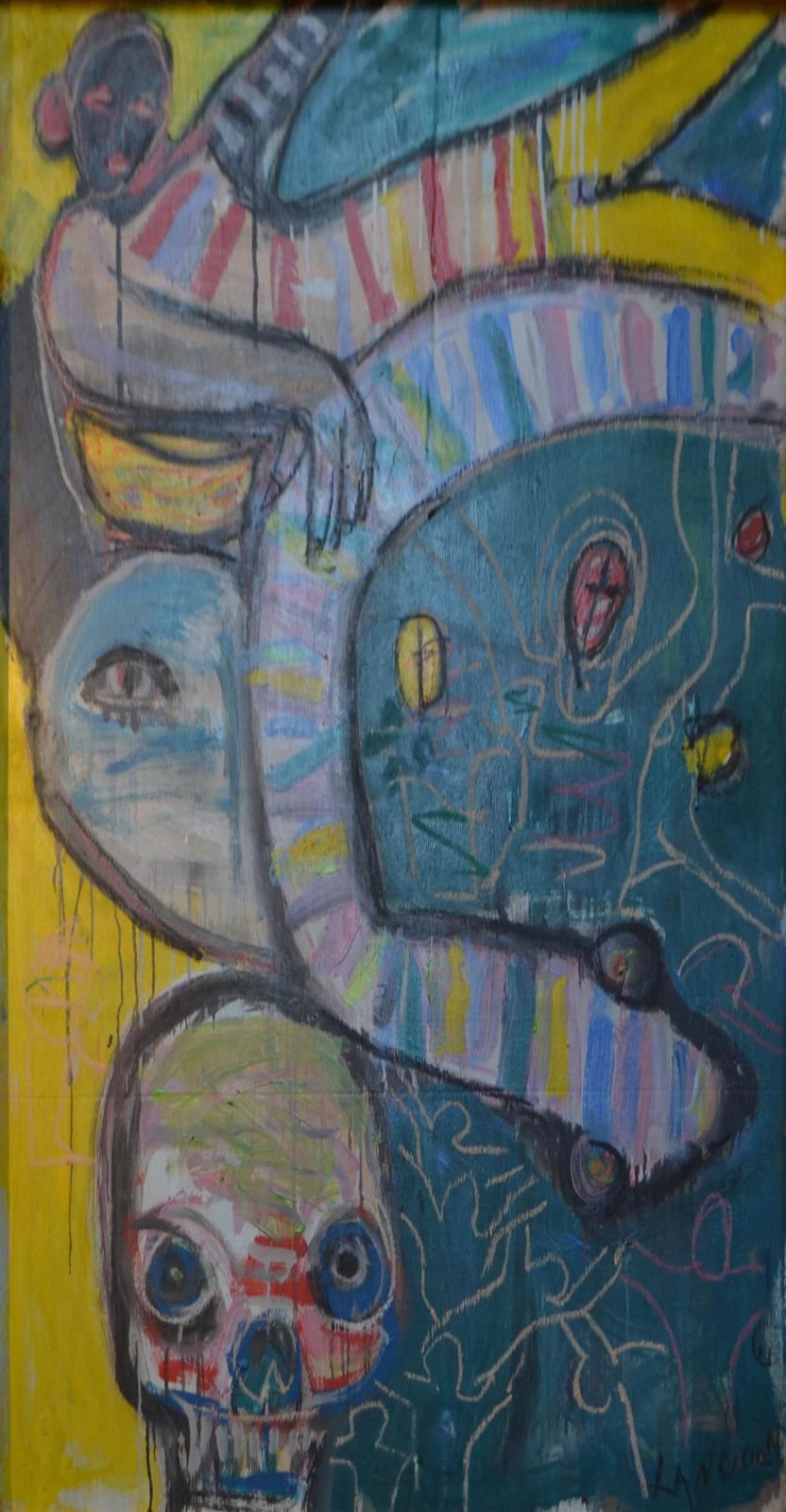 Stephen Langdon comparable auction result: stephen langdon skull snake and figure acrylic on board 120 x 180cm