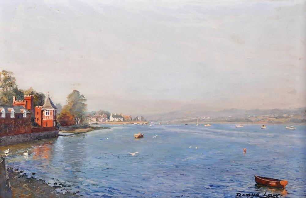 Denys Law comparable auction result: denys law 1907 1981 british an estuary scene with boats and seagulls on the water oil on board signed 8 x 12