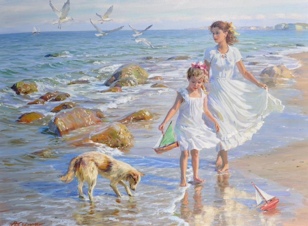 Alexandre Averine comparable auction result: alexandre averine 1952 russian on the seashore two girls with a dog in the water oil on canvas signed and signed and inscribed on the reverse in cyrillic 23 5 x 31 5