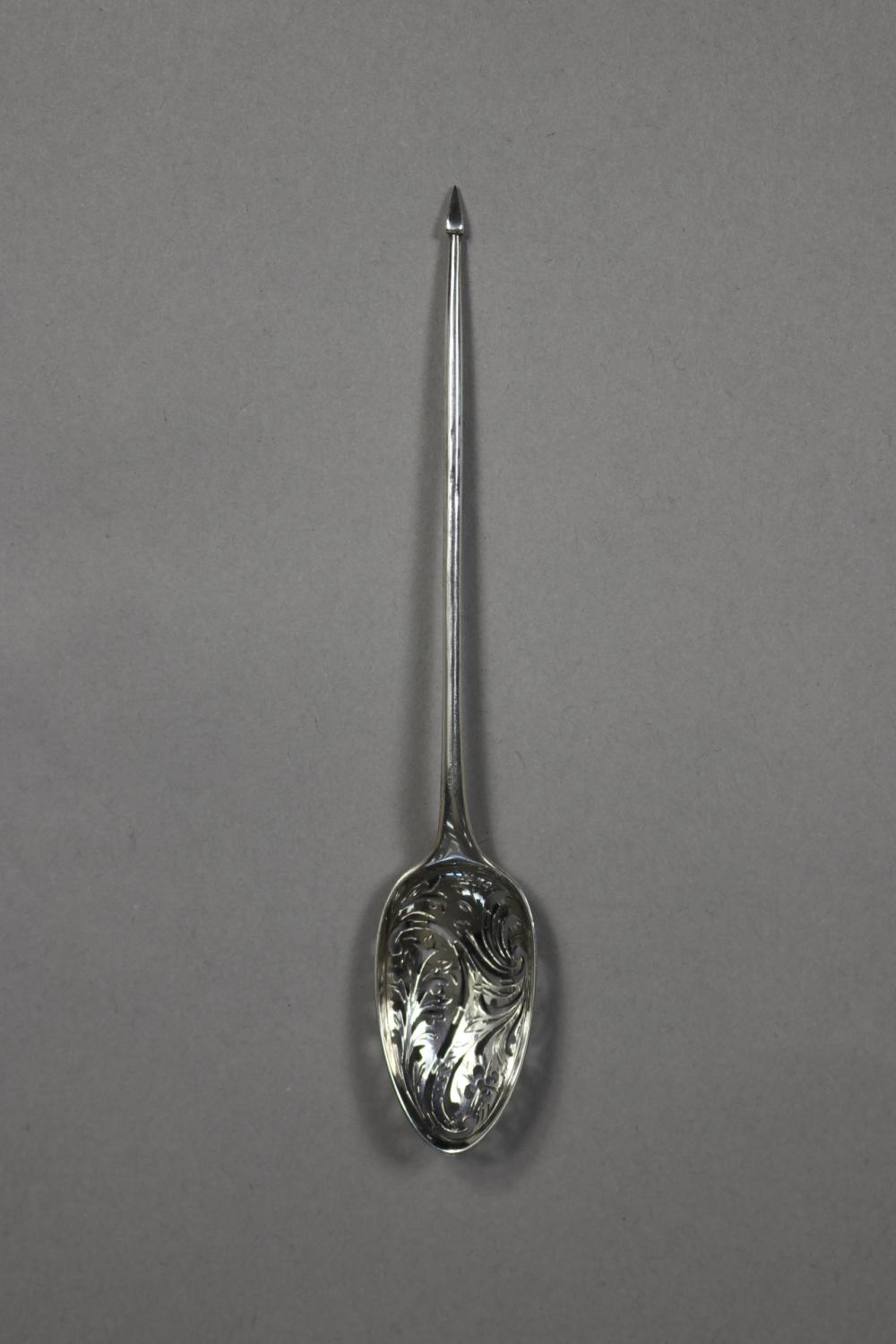 Auction comp thumbnail for Antique George III hallmarked sterling silver Mote spoon, circa 1760, maker unknown, approx 10 grams (Vickers & Hoad, Lot 41)