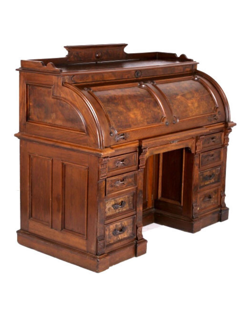 Auction comp thumbnail for Eastlake Walnut Burl Cylinder Roll Top Desk 19th C (North American Auction Company, Lot 40)