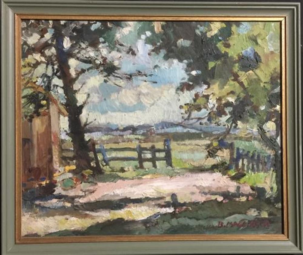 Beryl Mallinson comparable auction result: beryl mallinson 1916 1991 view through the farm gate oil on board