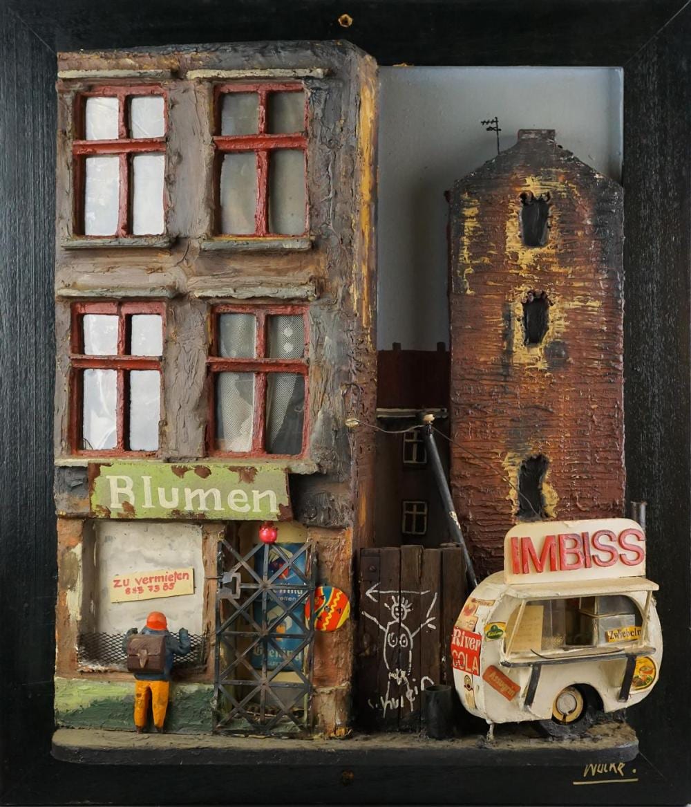 Jurgen Wolke comparable auction result: jurgen wolke german 1942 2010 street scene blumen assemblage of wood metal and other found objects 28 x 24 in