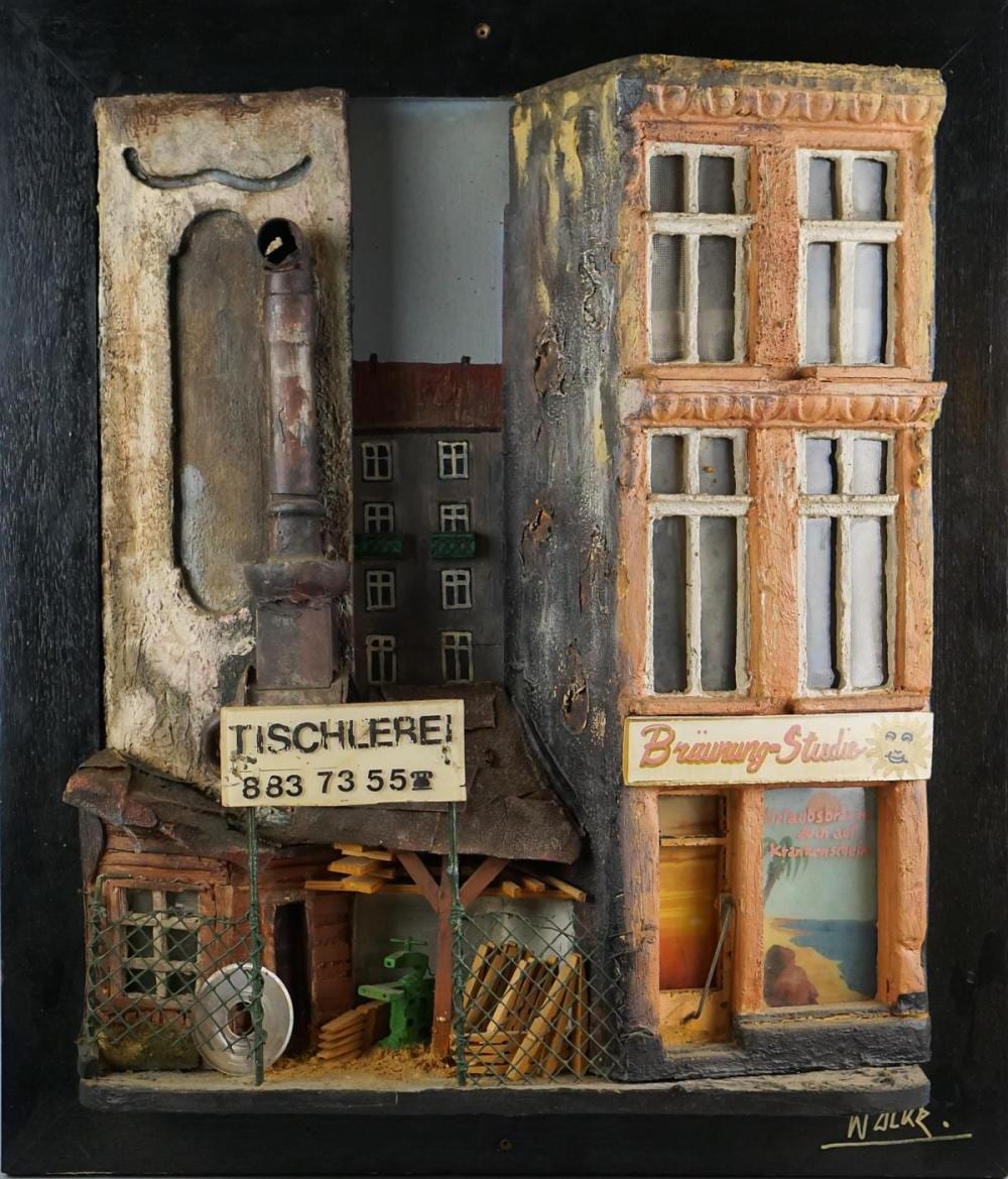 Jurgen Wolke comparable auction result: jurgen wolke german 1942 2010 street scene tischlere assemblage of wood metal and other found objects 28 x 24 in