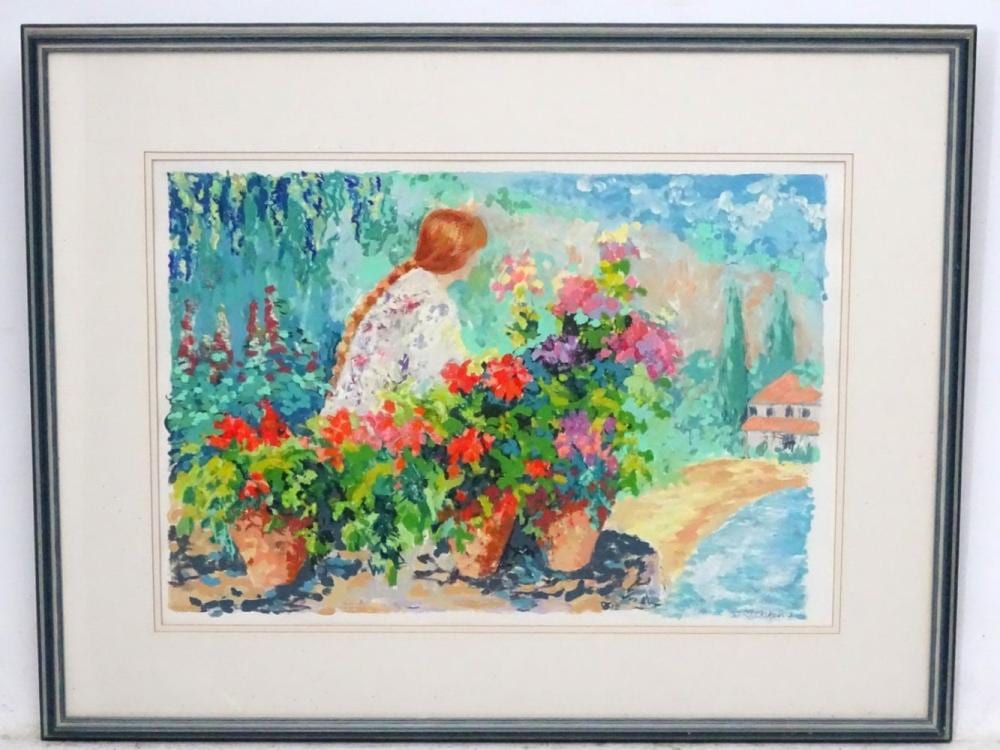 Julian Askins comparable auction result: julian askins 1961 oil and pastel balcony a figure tending to plants