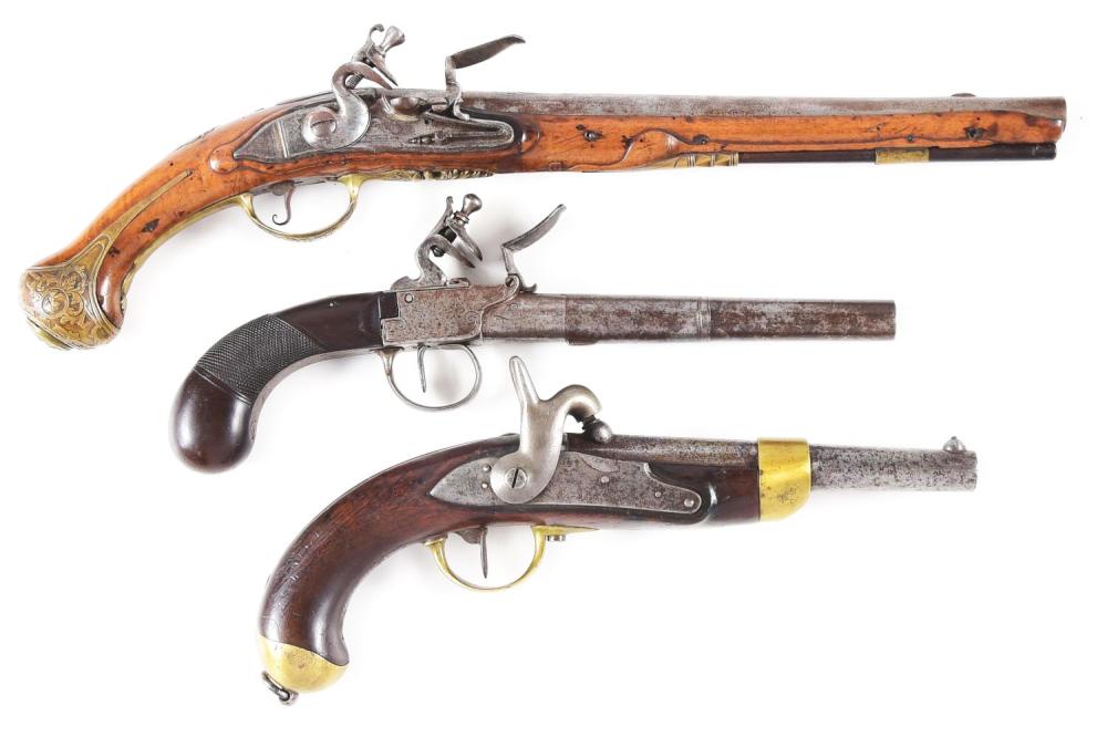 Auction comp thumbnail for (A) COLLECTOR'S LOT OF THREE PISTOLS: TWO FLINTLOCK AND ONE PERCUSSION PISTOL, AN 1822 T-BIS BY ST. ETIENNE. (Morphy Auctions, Lot 1595)