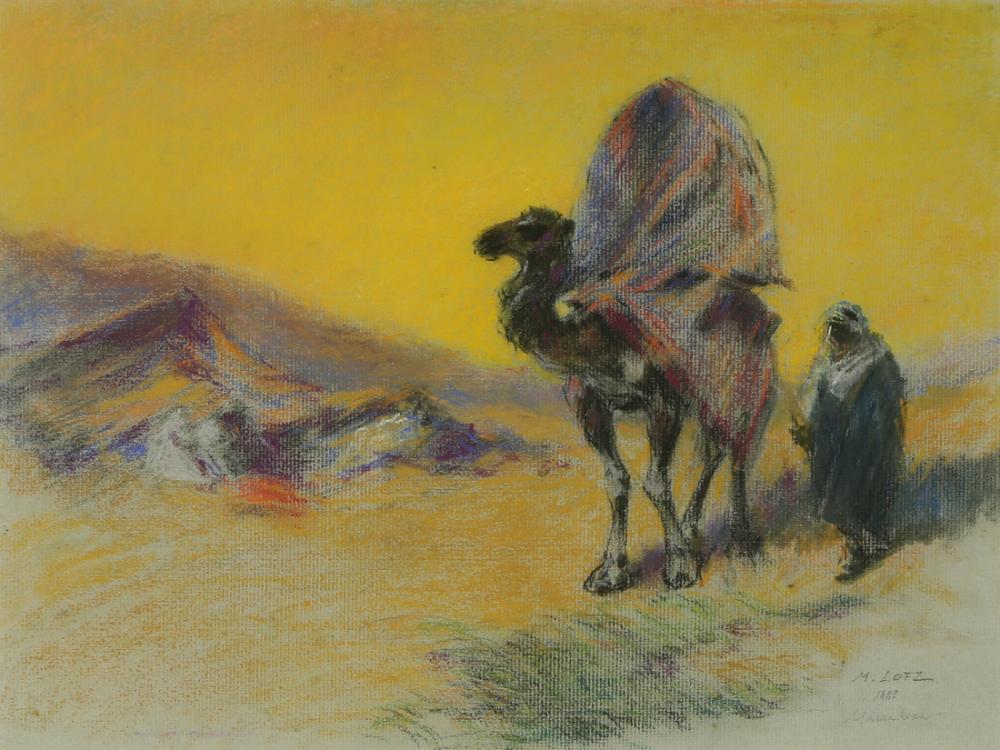 Painting of a woman in a straw hat walking outdoors with a dog, set against a yellow sky and hazy landscape.