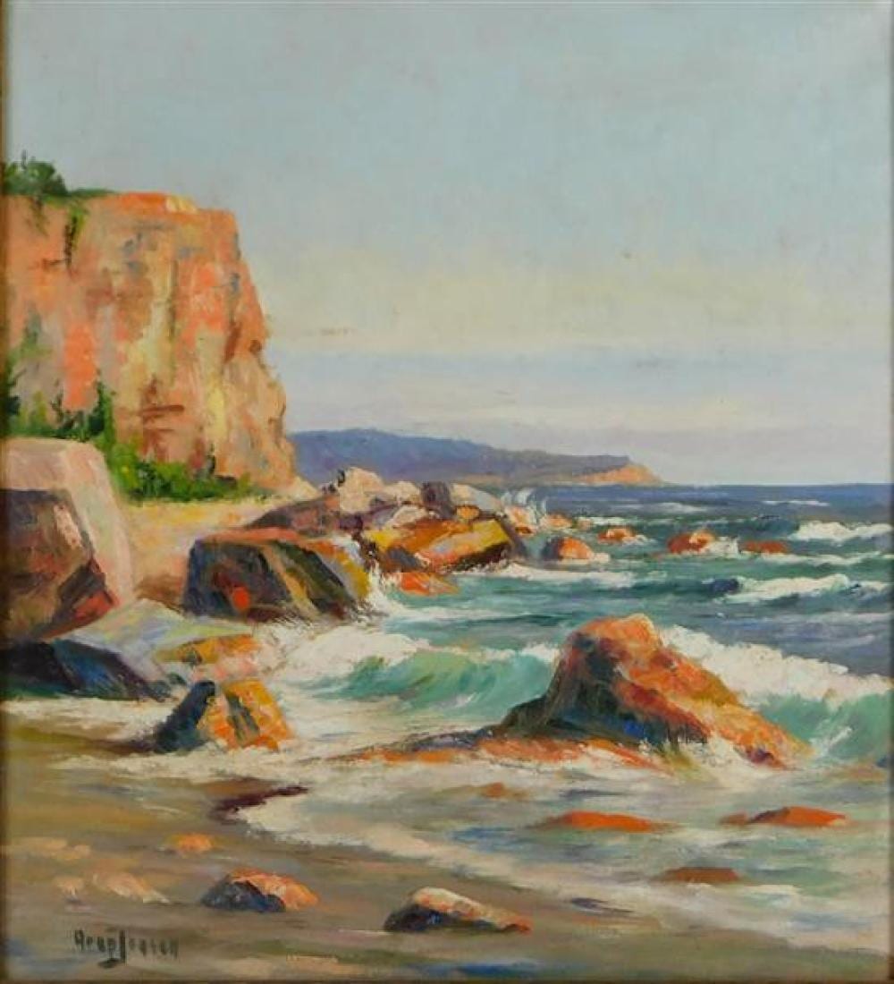 Arup Jensen comparable auction result: arup jensen danish 1906 1956 20th c oil on canvas framed depicts seascape with cliff to left signed ll condition consiste