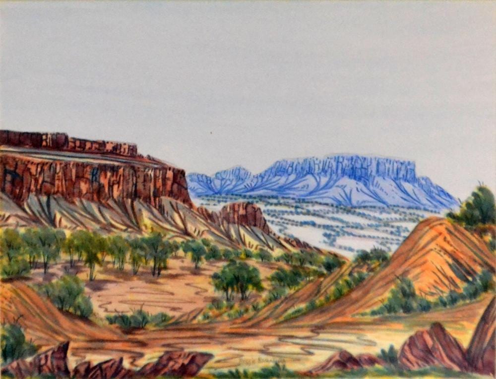 Reggie Namatjira comparable auction result: reggie namatjira central australian landscape watercolour 35 x 47cm