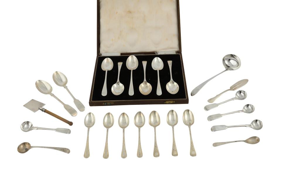 Alexander Young Jackson comparable auction result: a mixed group of sterling silver flatware including a cream ladle edinburgh circa 1790 by alexande