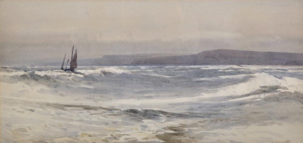 Charles William Adderton comparable auction result: charles william adderton 1866 1944 british a stormy seascape with a sailing boat watercolour signed 11 5 x 23