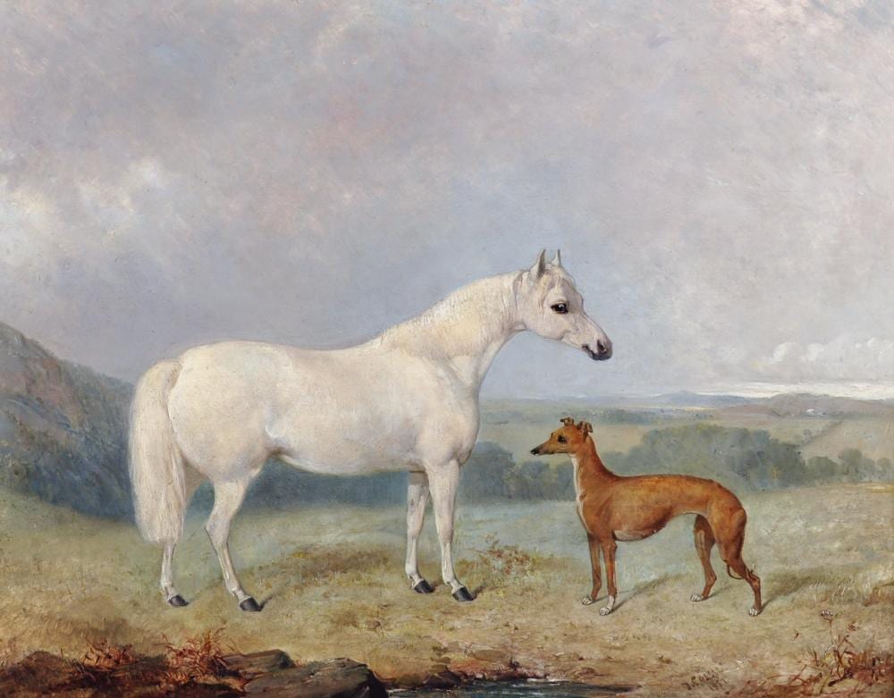 James Cassie comparable auction result: james cassie 1819 1879 british a white pony and a greyhound in an extensive landscape oil on board signed and dated 1851 16 75 x 20 75