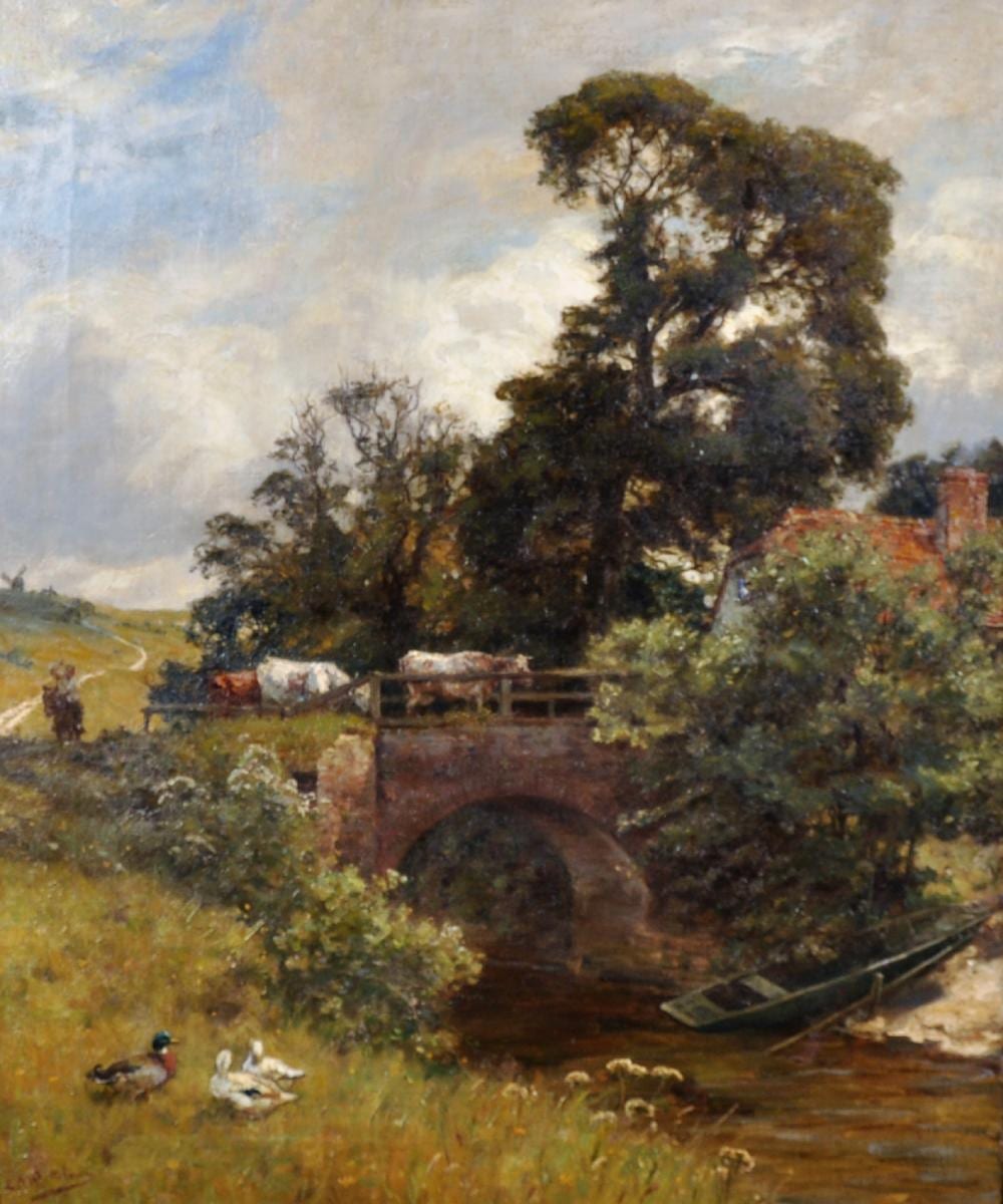 Edward Arthur Walton comparable auction result: edward arthur walton 1860 1922 british a tranquil river landscape with ducks in the foreground and cattle and drover by a stone bridge oil on canvas 24 x 20