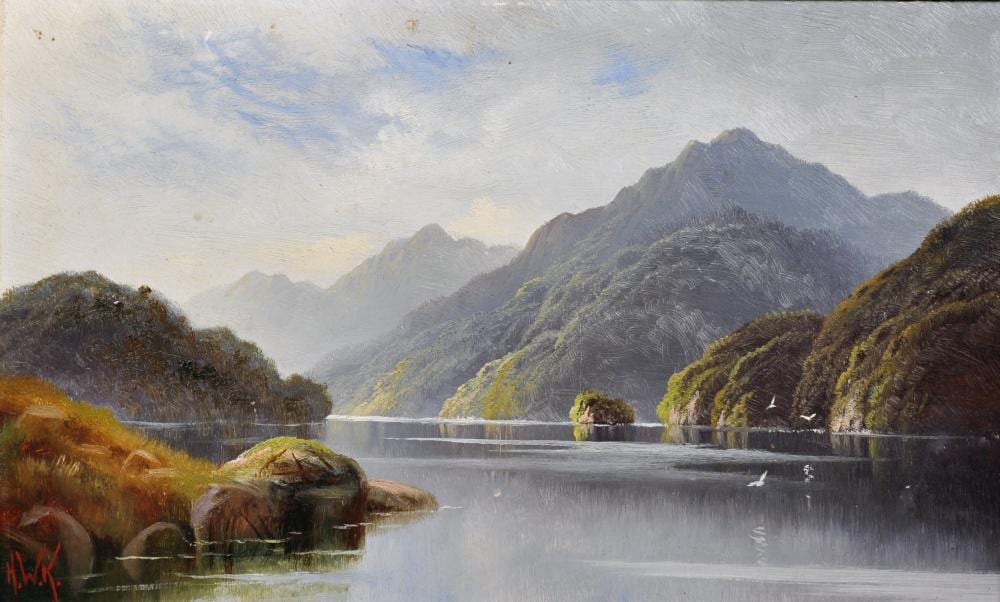 Henry William Kirkwood comparable auction result: henry william kirkwood 1854 1925 new zealander pelorus sound nz oil on board signed with initials and inscribed on a label on the reverse 8 25 x 13