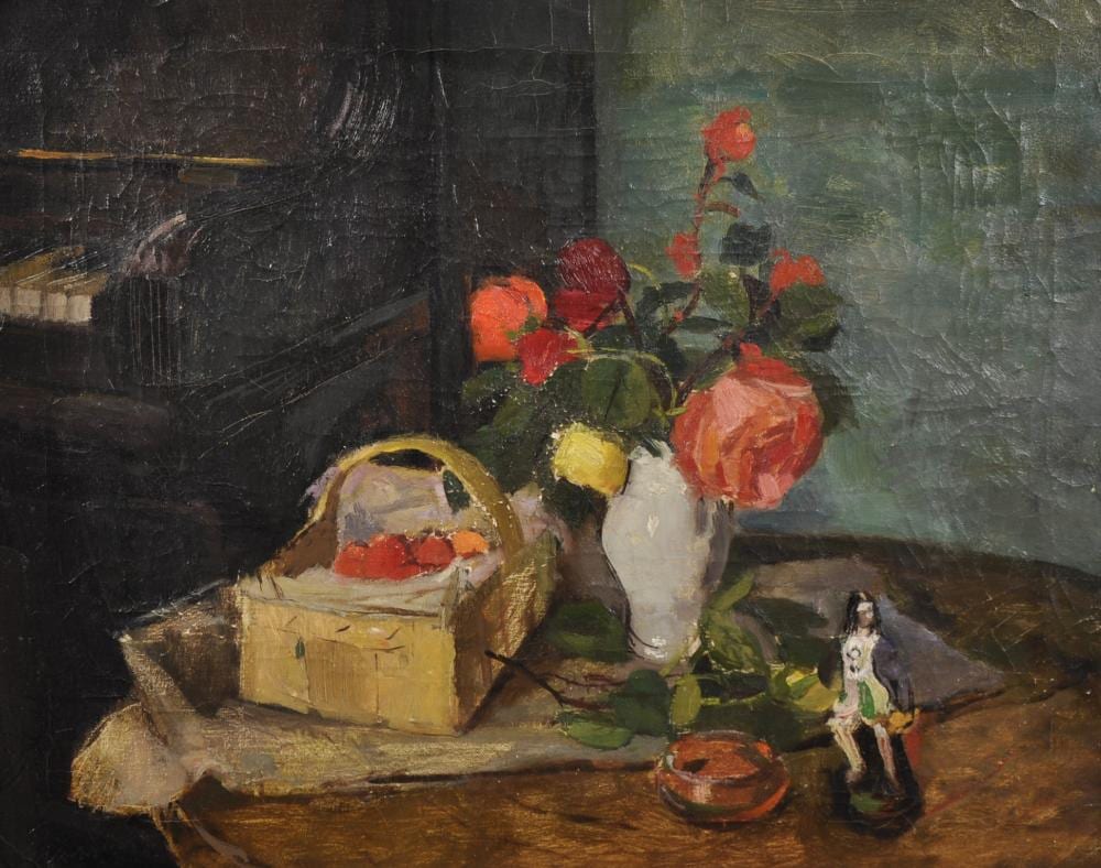 Denis William Reed comparable auction result: denis william reed 1917 1979 british a still life of roses in a vase on a table with a basket of fruit and a figurine by a piano oil on canvas