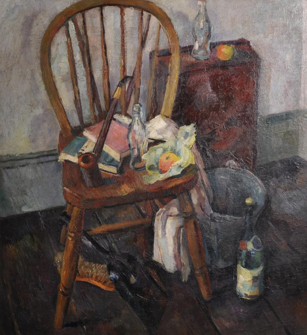Denis William Reed comparable auction result: denis william reed 1917 1979 british a still life of books bottles a pipe and apple on a chair in an interior oil on canvas laid down
