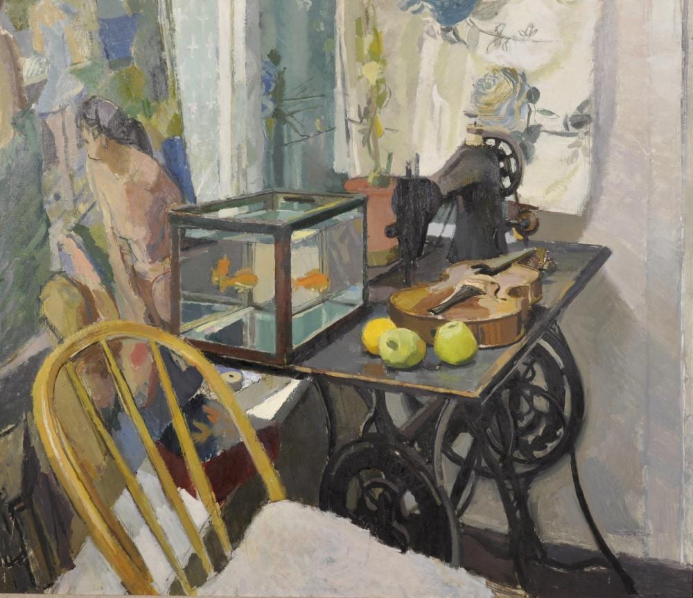 Denis William Reed comparable auction result: denis william reed 1917 1979 british an interior scene with a naked lady by a window and a still life with a goldfish tank and violin on a sewing table oil on board