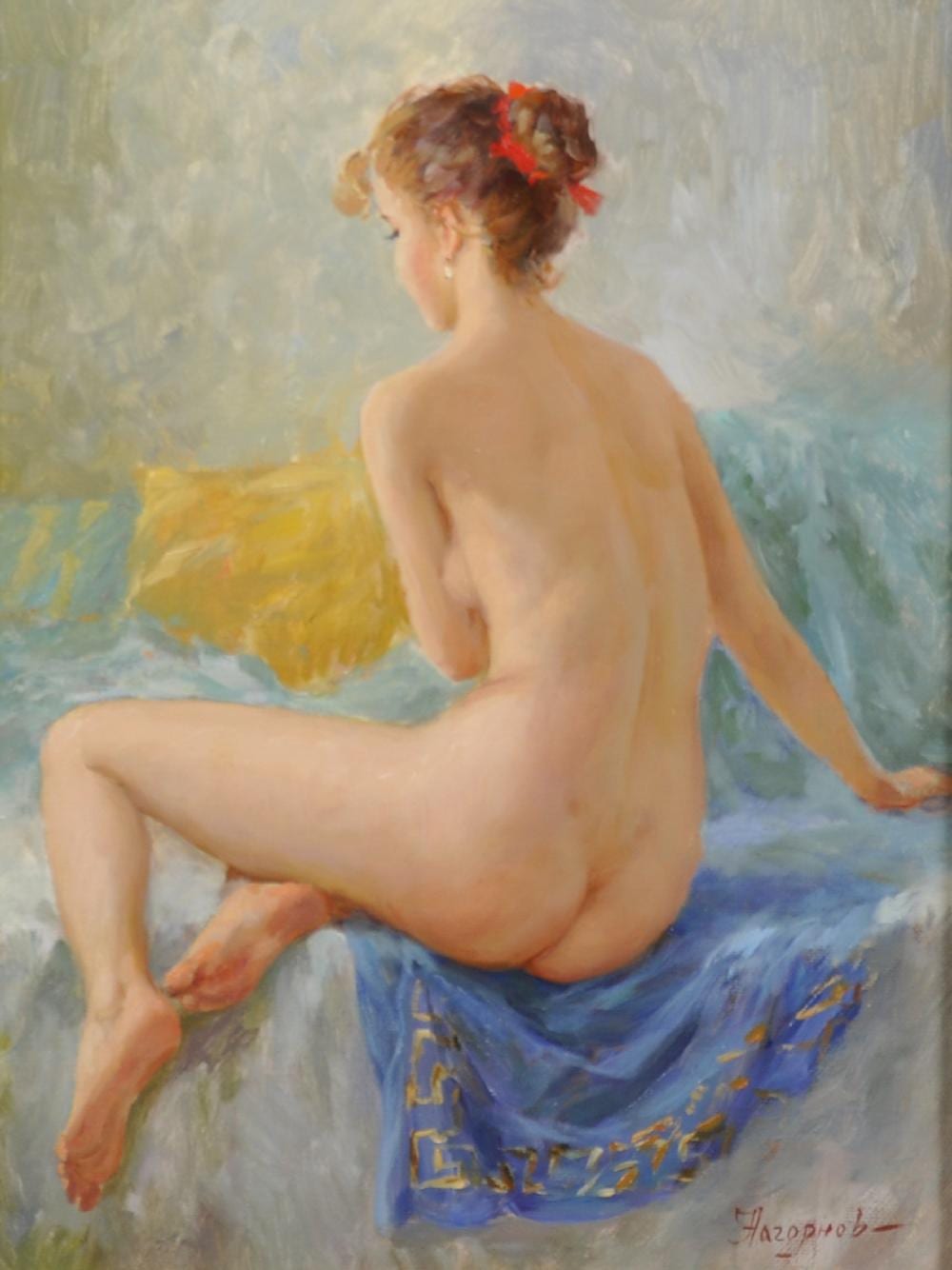 Vladislav Nagornov comparable auction result: vladislav nagornov 1974 russian nude seated on a bed oil on canvas signed in cyrillic and signed and inscribed on the reverse in cyrillic 13 75 x 10 75