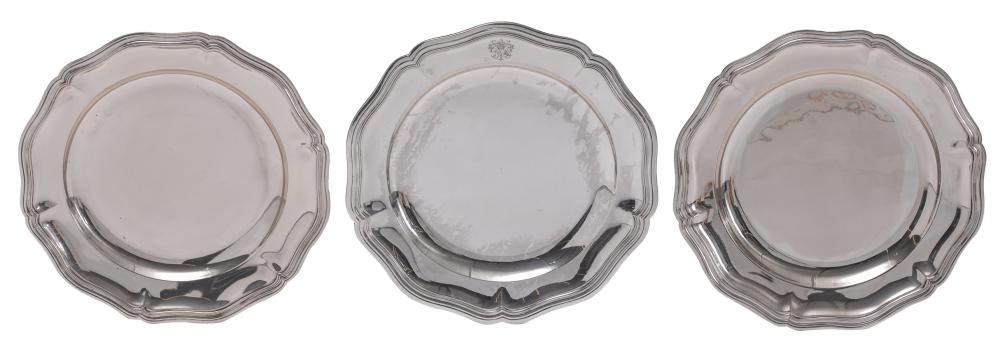 A set of three French 20thC Rococo style export silver salvers, one monogrammed, ø 33 cm, Total weight: about 2774g sold by Carlo Bonte Auctions, lot 895 — auction record photograph