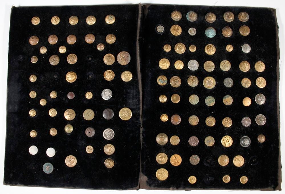 COLLECTION OF (107) CIVIL WAR TO WWII ERA BUTTONS, MOUNTED ON TWO BOARDS sold by Thomaston Place Auction Galleries, lot 6060 — auction record photograph