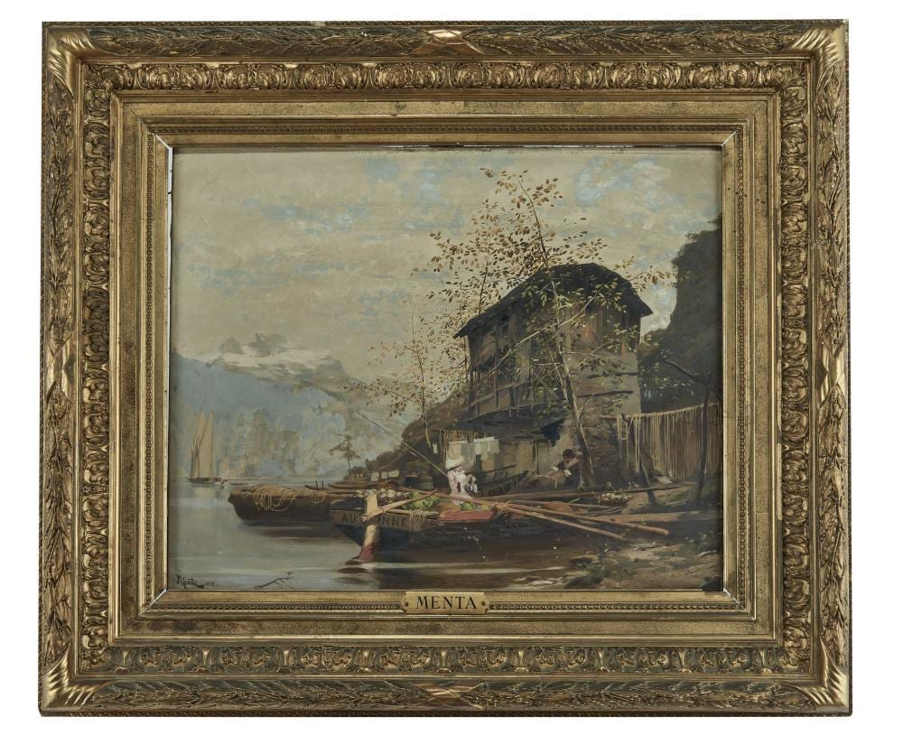 Edouard John Menta comparable auction result: edouard john menta 1858 1915 barque anim e au bord du lac huile sur toi