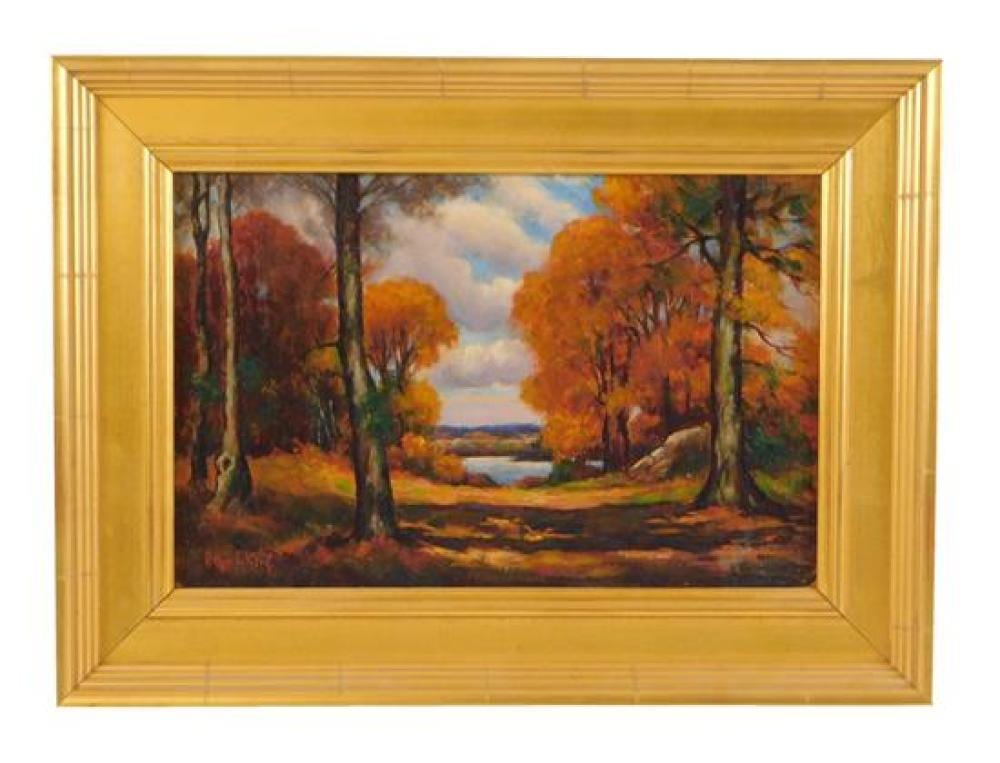 Arthur Ward comparable auction result: arthur ward american 1863 1928 late 19th 20th c oil on canvas board depicts autumn landscape water in distance signed ll