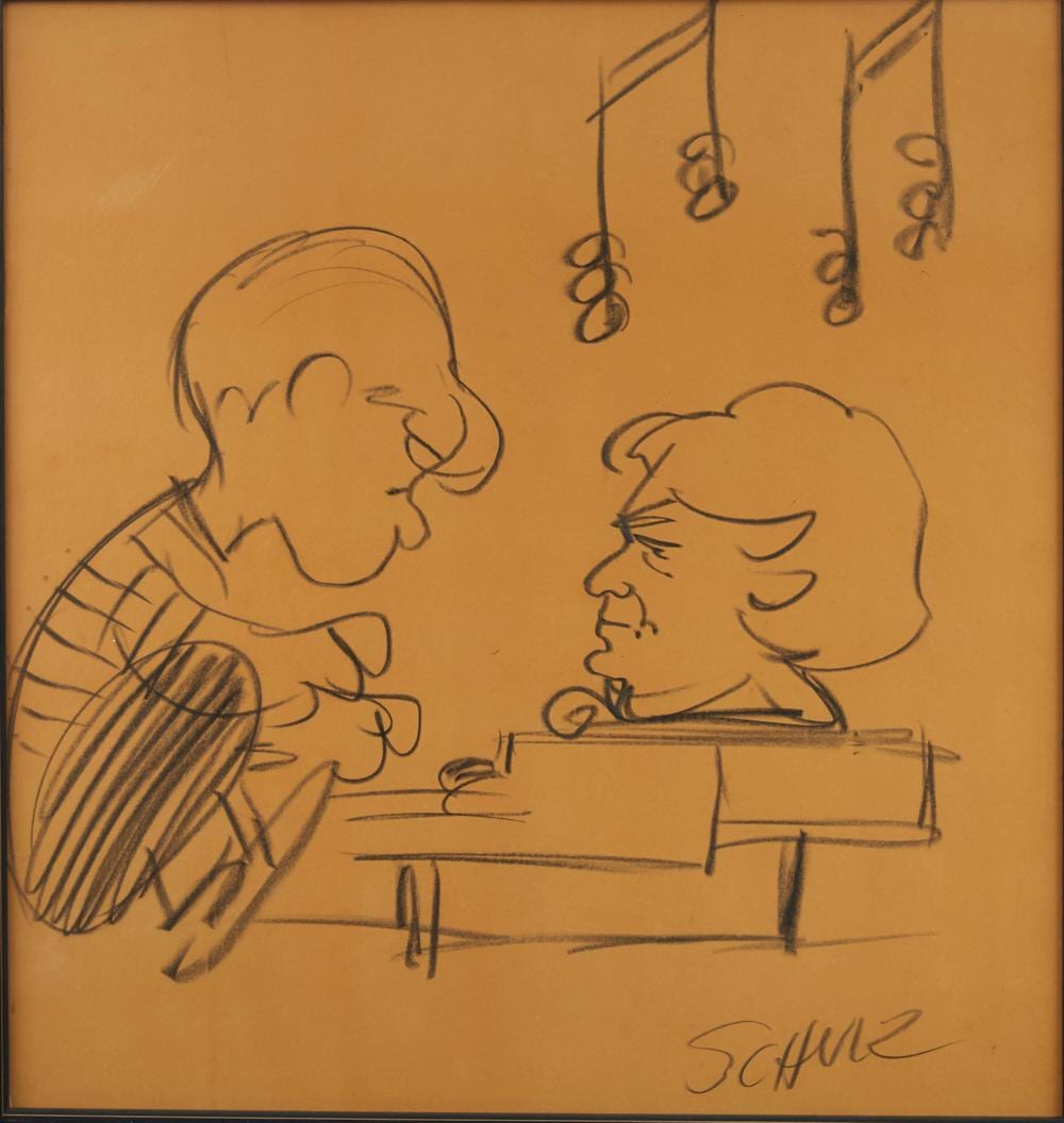 Charles Schulz Drawing of Schroeder w/ Piano w/ Letter sold by Revere Auctions, lot 52 — auction record photograph