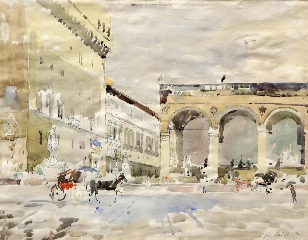 John Linfield comparable auction result: john linfield b 1930 rainy day piazza della signoria florence signed