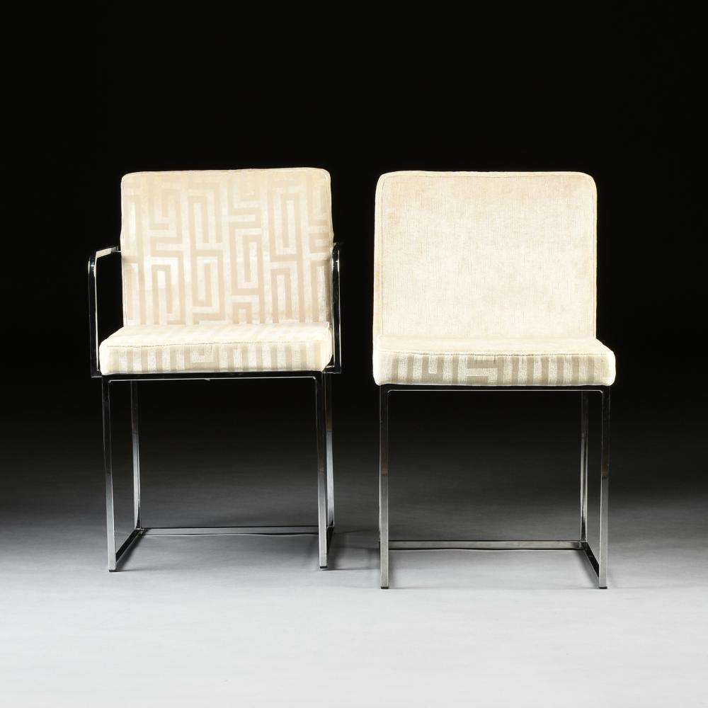 A SET OF TEN CONTEMPORARY ITALIAN UPHOLSTERED AND CHROMED STEEL DINING CHAIRS, BY CALLIGARIS, CIRCA 2005, sold by Simpson Galleries, LLC, lot 428 — auction record photograph