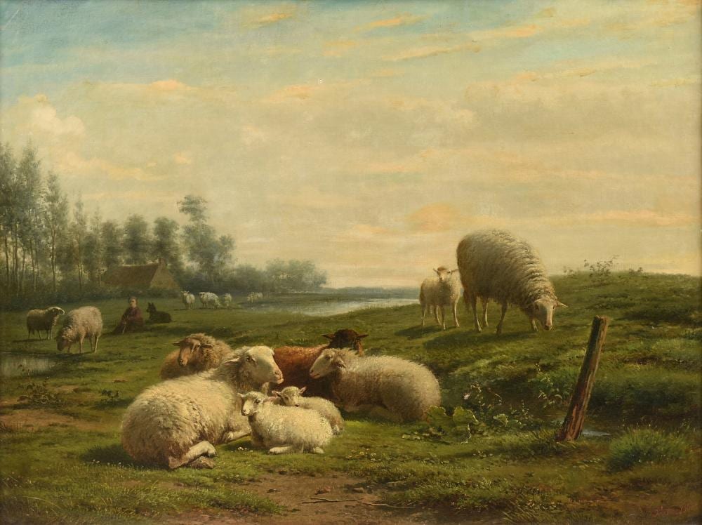 Frans Lebret comparable auction result: frans lebret dutch 1820 1909 a painting shepherdess with dutch shepherd and drenthe heath sheep in landscape