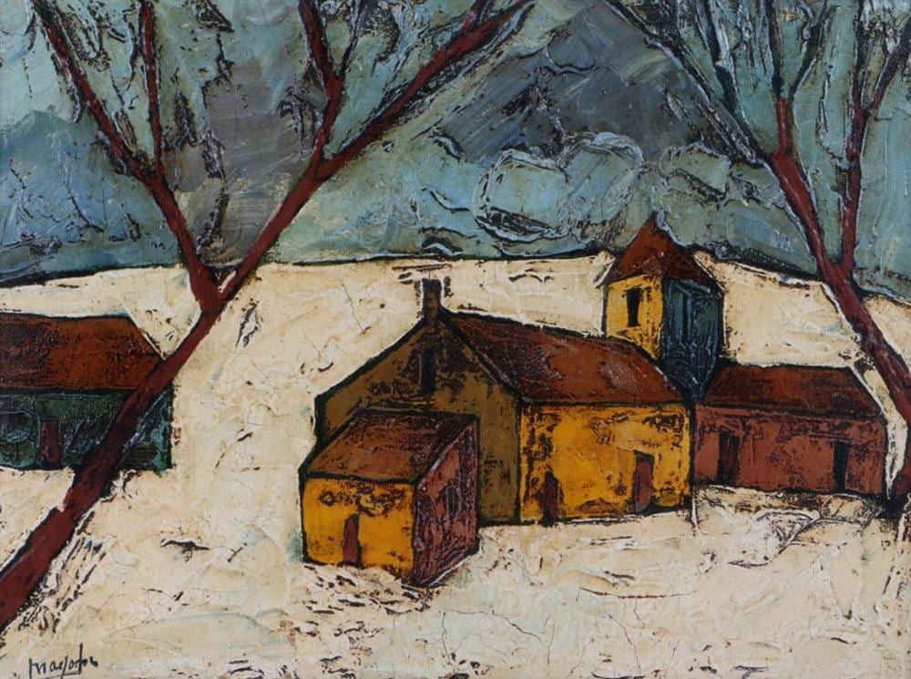 Jean C. Mayodon comparable auction result: jean claude mayodon 1938 1981 village in snow with stencil label to the
