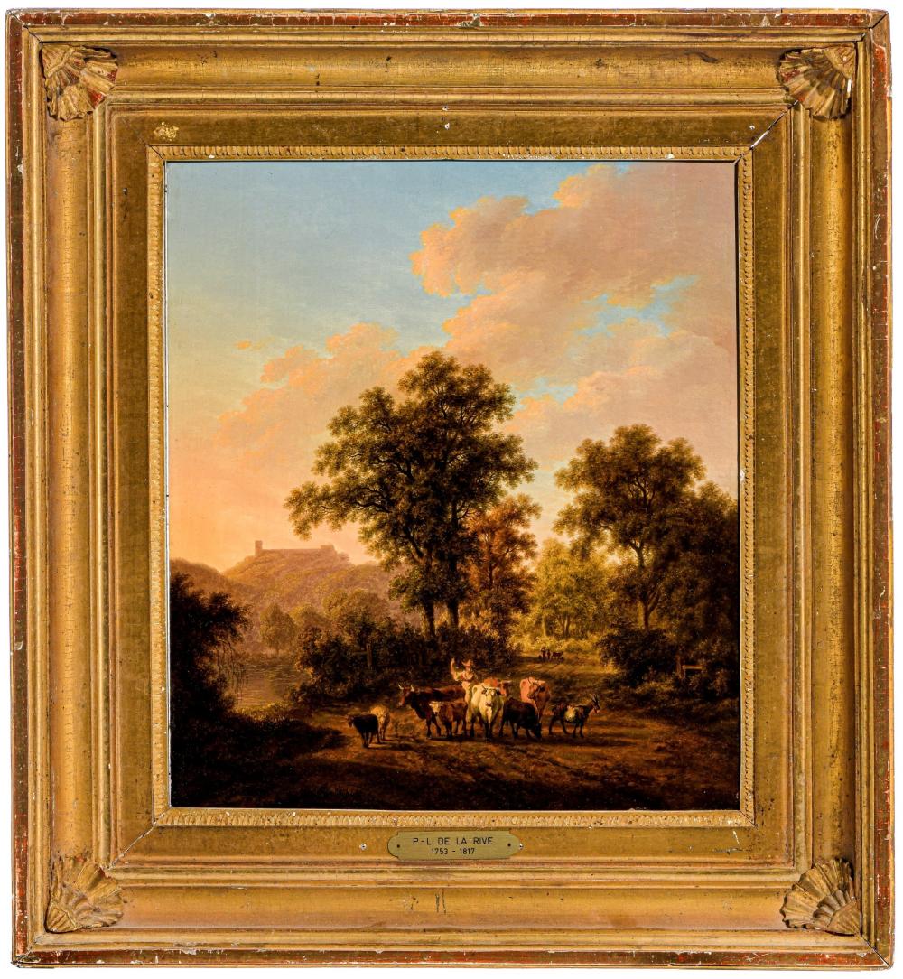 Pierre Louis de La Rive comparable auction result: pierre louis de la rive 1753 1817 paysan et son troupeau dans un paysage huile sur panneau sign e et dat e 1796 39x35 cm