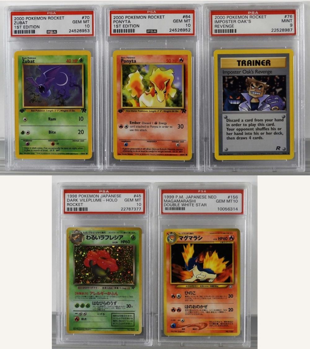 Six Pokémon Rocket Japanese trading cards in clear holders, shown together in two rows, including Zubat, Ponyta, and Imposter Oak’s Revenge.