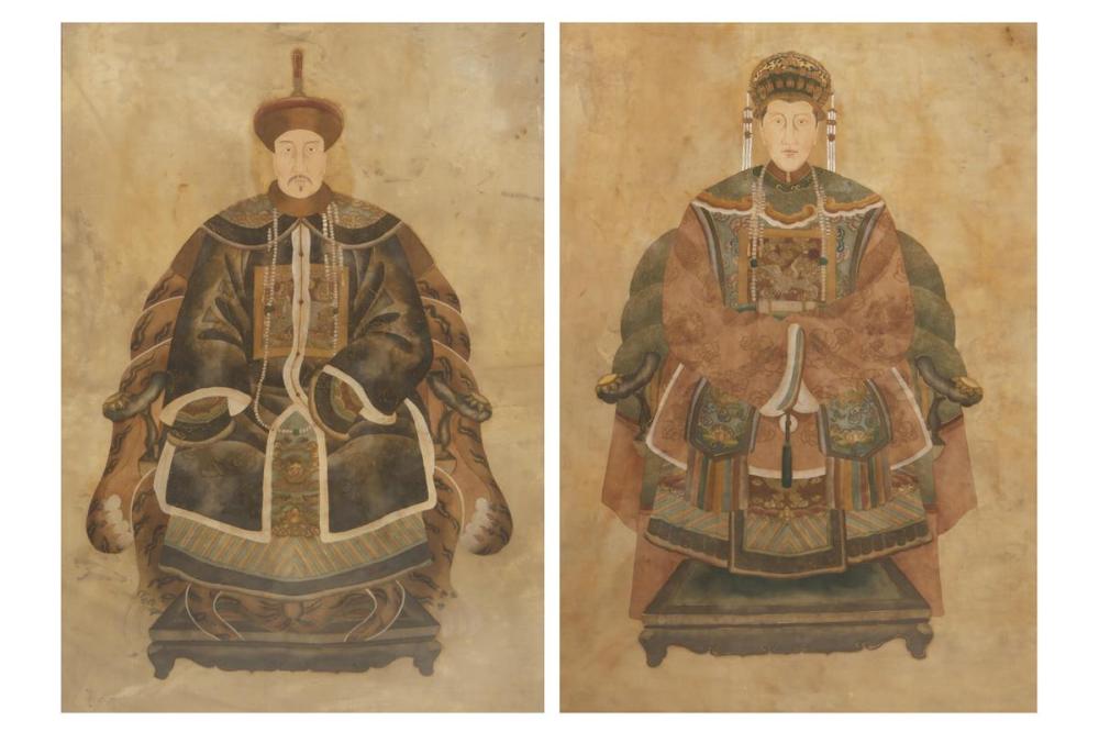 A pair of Chinese ancestor portraits on silk 20th century sold by Andrew Jones Auctions, lot 302 — auction record photograph