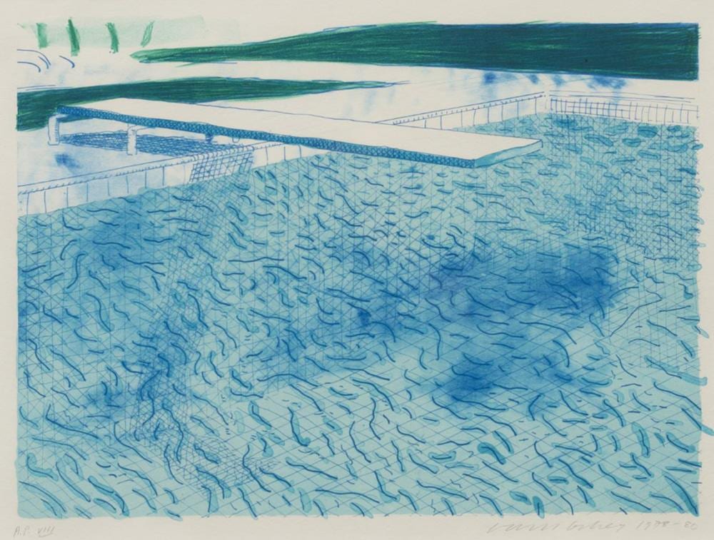 David Hockney, Lithograph of Water Mode of Lines with Two Light Blue Washes comparable sale