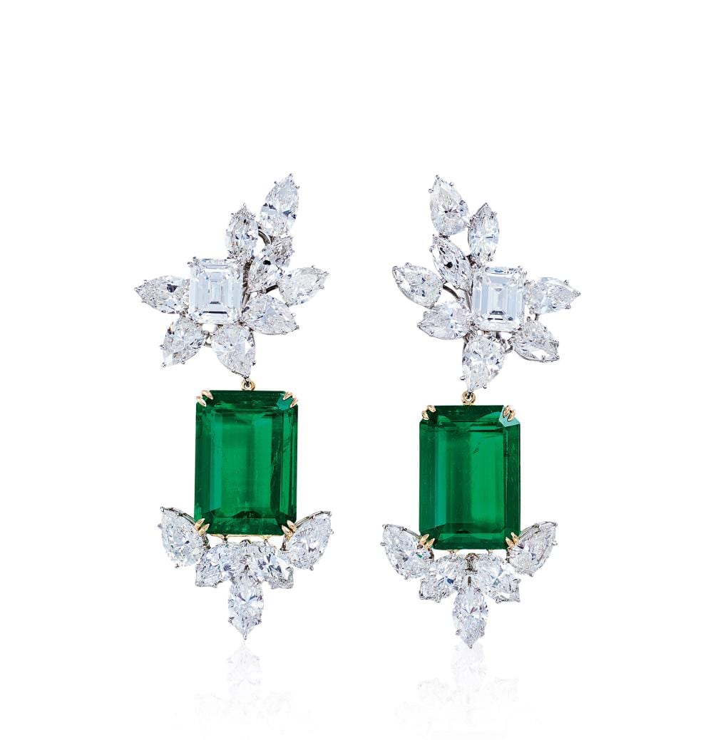 A Magnificent Pair of Colombian Emerald and Diamond Ear Pendants, by Harry Winston comparable sale