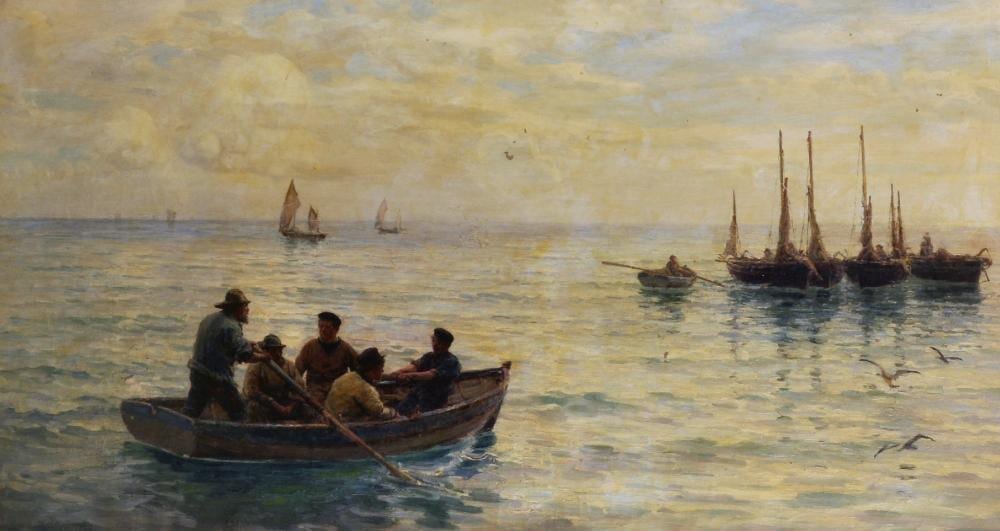 Hamilton Macallum comparable auction result: john thomas hamilton macallum 1841 1896 british aboard aboard the wind sits on the shoulder of your sail figures in a boat with seagulls overhead oil on canvas