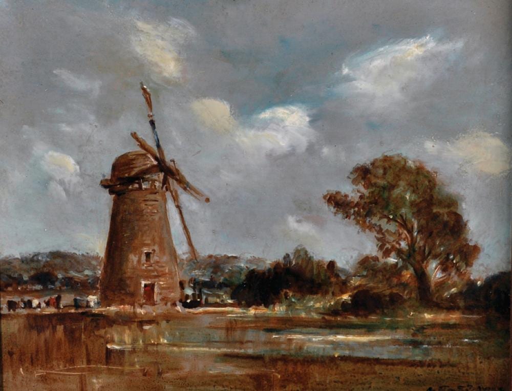 Arthur Edward Davies comparable auction result: arthur edward davies 1893 1989 british the mill on the bure at upton norfolk oil on panel signed and inscribed on a label on the reverse 8 5 x 10 5