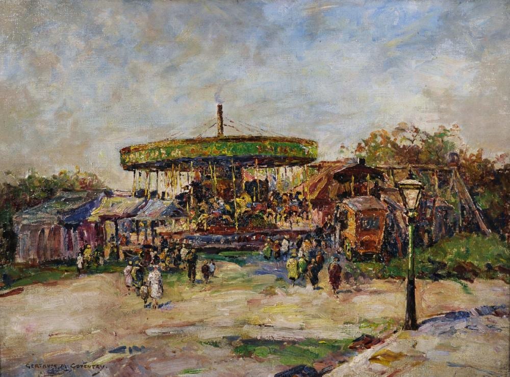 Gertrude Mary Coventry comparable auction result: gertrude mary coventry 1886 1964 british off to the fair figures by a carousel oil on canvas signed 18 x 24