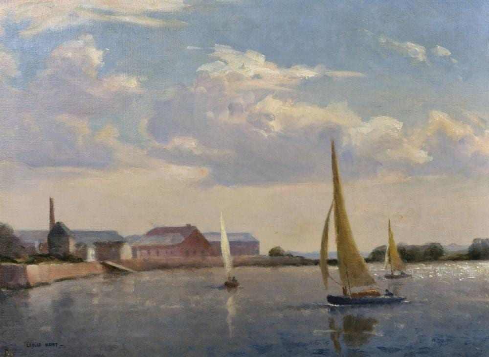 Leslie Kent comparable auction result: leslie kent 1890 1980 british at emsworth hants with sailing boats oil on canvas signed and inscribed on a label on the reverse 18 x 24