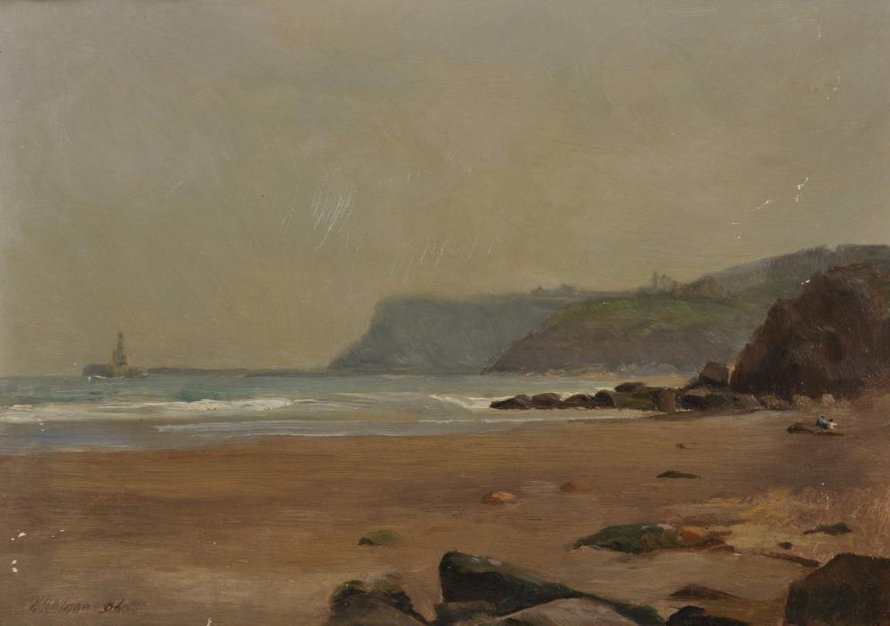 Henry George Moon comparable auction result: henry george moon 1857 1905 british sunset pulling figures on a beach with a lighthouse in the distance oil on panel signed and dated 96 unframed 10 x 14