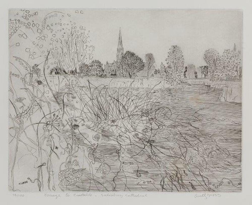 Anthony Gross CBE RA, British 1905-1984- Homage to Constable- Salisbury Cathedral [Herdman 7601], 1976; etching on wove, signed in the plate, signed, titled and numbered 33/100 in pencil, from the portfolio titled For John Constable, published by B sold by Roseberys, lot 76 — auction record photograph